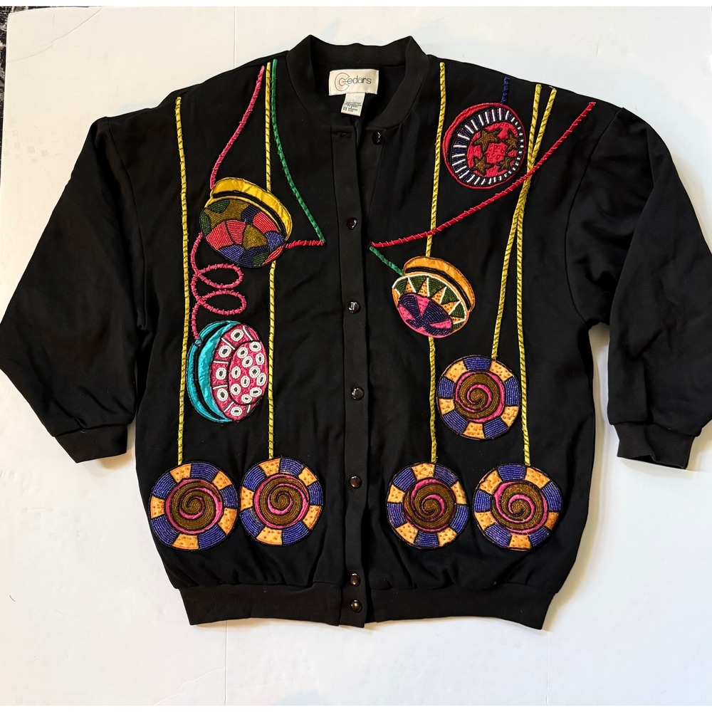 Vintage Cedars Beaded Novelty Cardigan Jacket Black Cotton Embroidered Large